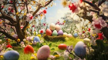 AI generated A colorful garden setting with Easter eggs hidden among the flowers photo