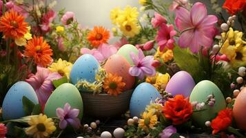 ai generado un vistoso jardín ajuste con Pascua de Resurrección huevos oculto entre el flores foto