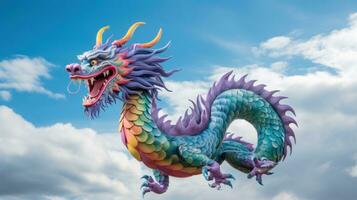 AI generated A colorful Chinese dragon in shades of blue, green, and purple, soaring through the sky photo