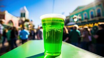 ai generado medio litro de verde cerveza con un borroso S t. patrick's día desfile en el antecedentes. foto