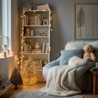 ai generado un niño dormitorio con juguetón invierno decoraciones y un acogedor leyendo esquina, foto