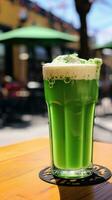 AI generated pint of green beer with a blurred St. Patrick's Day parade in the background. photo