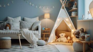 AI generated A child's bedroom with playful winter decorations and a cozy reading corner, photo