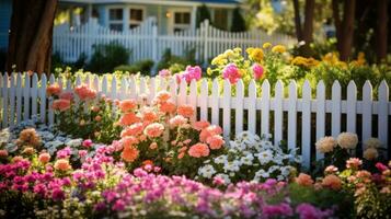 AI generated A charming spring garden with a white picket fence and a mix of colorful flowers, photo