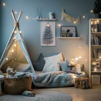 ai generado un niño dormitorio con juguetón invierno decoraciones y un acogedor leyendo esquina, foto