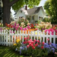 ai generado un encantador primavera jardín con un blanco piquete cerca y un mezcla de vistoso flores, foto