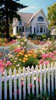 ai generado un encantador primavera jardín con un blanco piquete cerca y un mezcla de vistoso flores, foto