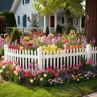 AI generated A charming spring garden with a white picket fence and a mix of colorful flowers, photo