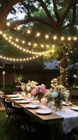 AI generated A beautiful outdoor garden party complete with fairy lights and floral centerpieces. photo