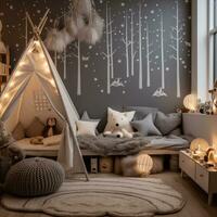 AI generated A child's bedroom with playful winter decorations and a cozy reading corner, photo