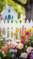 ai generado un encantador primavera jardín con un blanco piquete cerca y un mezcla de vistoso flores, foto