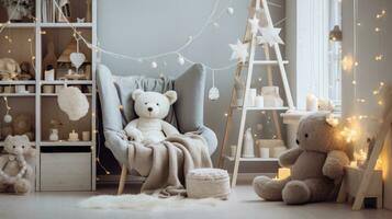 AI generated A child's bedroom with playful winter decorations and a cozy reading corner, photo