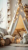 AI generated A child's bedroom with playful winter decorations and a cozy reading corner, photo