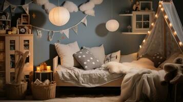 AI generated A child's bedroom with playful winter decorations and a cozy reading corner, photo