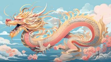 AI generated A beautiful Chinese dragon in shades of pink and gold, photo