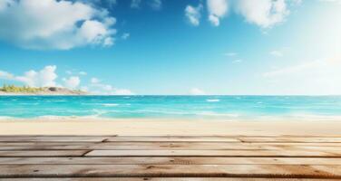 AI generated wooden table at the beach overlooking the ocean with blue sky photo