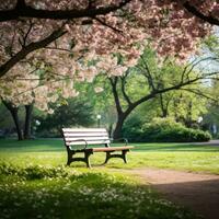 ai generado un pacífico imagen de un solitario parque banco anidado entre floreciente arboles y lozano verdor, foto