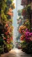 ai generado un cautivador Disparo de un ciudad calle transformado dentro un lozano selva oasis foto