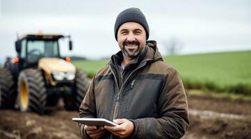 AI generated tractor driver wearing jacket standing in field holding a tablet, photo