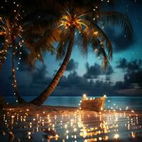 ai generado tropical palma árbol a noche con cuerda luces, foto