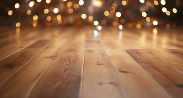 AI generated wood floor background with christmas decorations and lights, photo