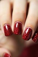 AI generated red glitter nail manicure photo