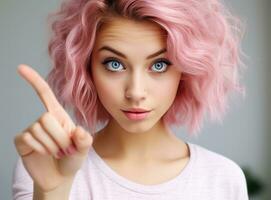ai generado joven mujer poses para el cámara en rosado vestir con rosado cabello, foto