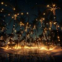 AI generated lights laying down behind palm trees near the beach, i photo