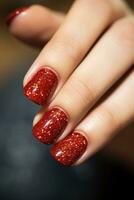 ai generado rojo Brillantina uña manicura foto