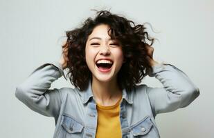 AI generated young woman cheering and smiling on a white background, photo
