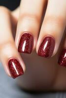 ai generado rojo Brillantina uña manicura foto