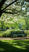 ai generado un pacífico imagen de un solitario parque banco anidado entre floreciente arboles y lozano verdor, foto