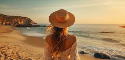 ai generado mujer en sombrero en pie en el borde de un playa foto