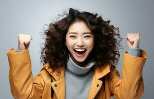 AI generated young woman cheering and smiling on a white background, photo