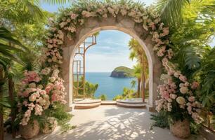 AI generated wedding ceremony and archway with tropical tree and flower, coastal scenery, photo