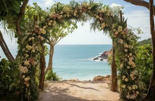 AI generated wedding ceremony and archway with tropical tree and flower, coastal scenery, photo