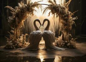 AI generated wedding etiquette swans with ceremony arch, photo