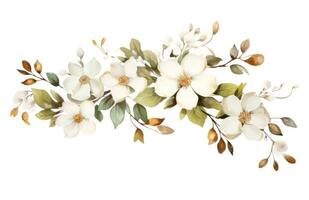 AI generated watercolor illustration of white flowers on a tree branch, photo