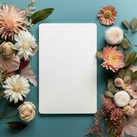 AI generated tablet with flowers in the circle mockup photo