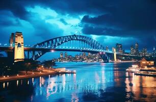 ai generado Sydney puerto iluminado arriba a noche a noche paisaje urbano foto