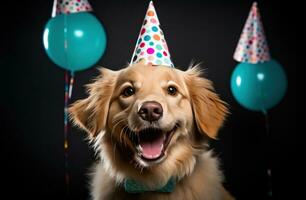 ai generado pequeño dorado perdiguero perro en un fiesta sombrero, foto