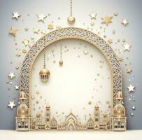 AI generated ramadan decoration with golden moon frame and lantern photo