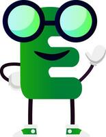 Green letter E wit glasses vector illustration on white background