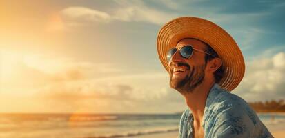 ai generado persona con un Paja sombrero es montando un bicicleta en el playa mirando detrás a él, foto