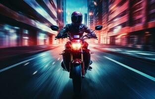 AI generated motorbike and lights on red background on modern city of hong kong, photo