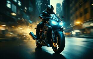 AI generated motion blur background of the motorcycle driving through an empty city, photo