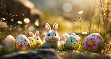 AI generated image of easter eggs, easter themed background, photo