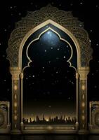 AI generated islamic moon scene with moon through the arch, photo