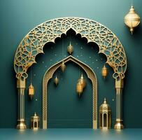 AI generated gold lantern and moons for eid al fitr and holiday invitation greeting card, photo