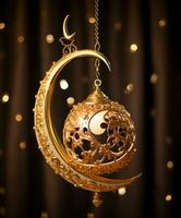 AI generated gold lantern on a gold crescent with moon hangers, photo